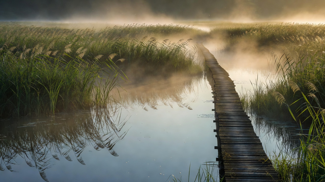 朝霧の中、木道が続く葦の湿地 — Reed Blend Zone