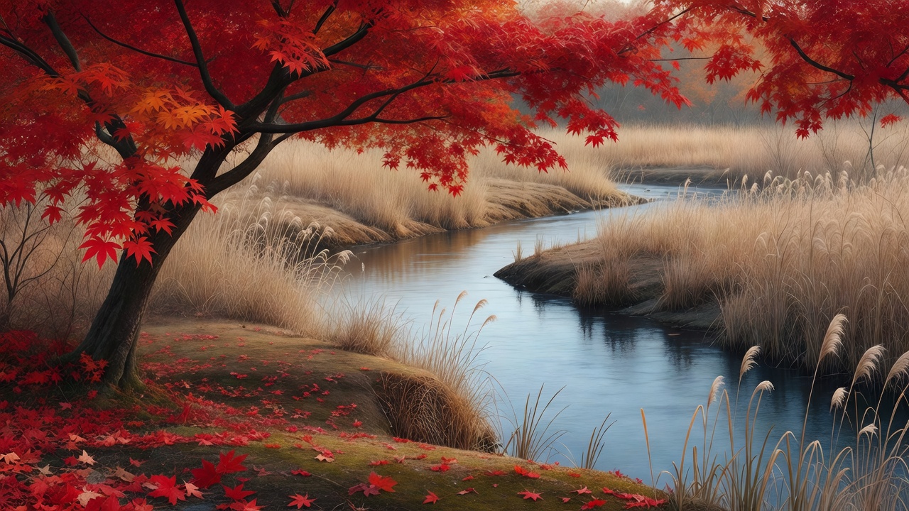 紅葉と葦が共存する秋の湿地