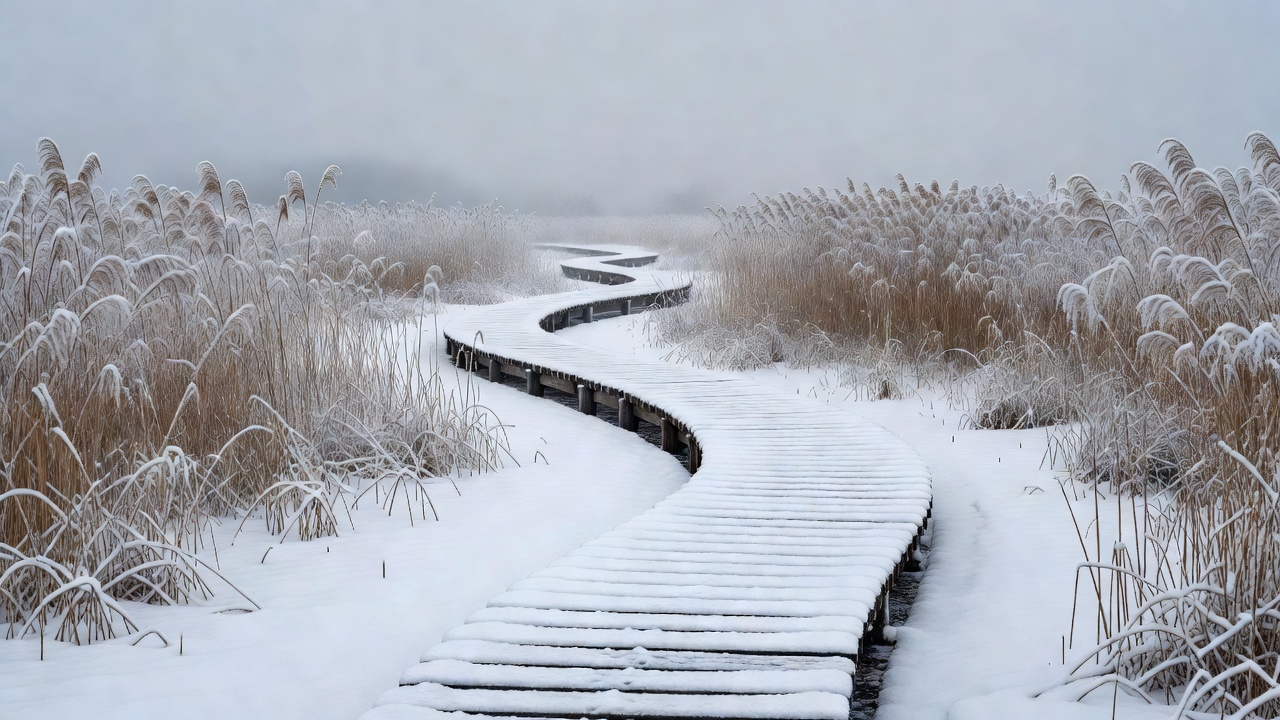 雪の積もった木道と葦