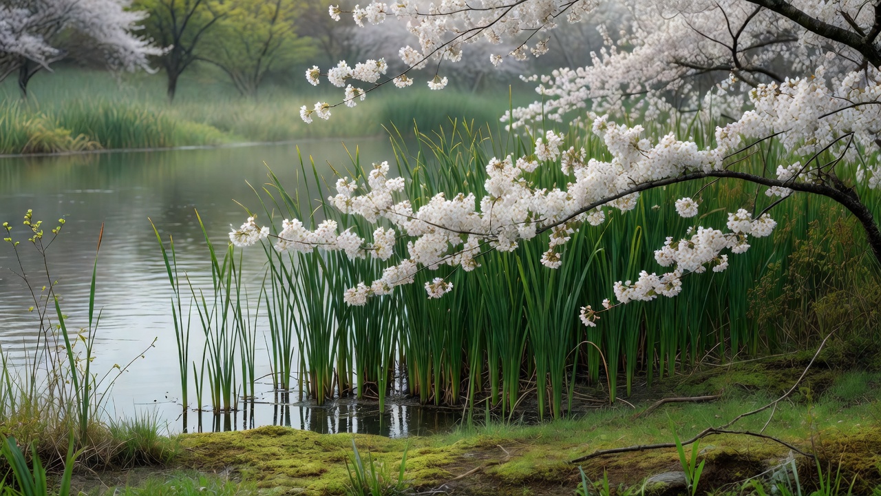 葦のそばに咲く春の花 — Spring Reeds